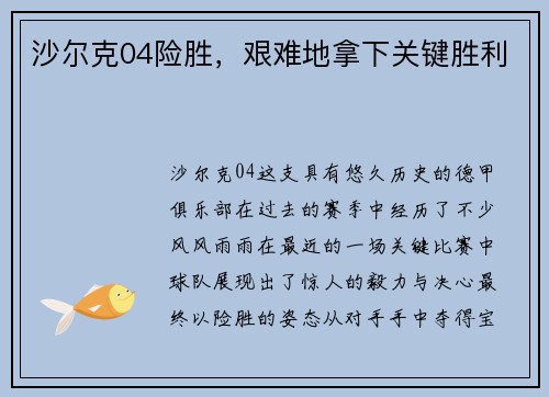 沙尔克04险胜，艰难地拿下关键胜利
