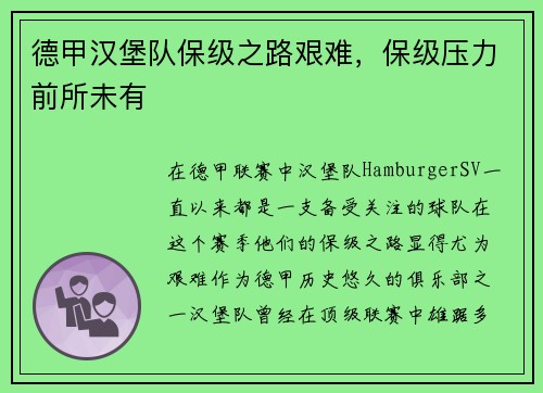 德甲汉堡队保级之路艰难，保级压力前所未有