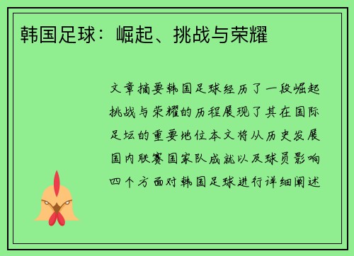 韩国足球：崛起、挑战与荣耀