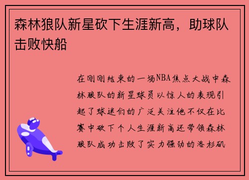 森林狼队新星砍下生涯新高，助球队击败快船