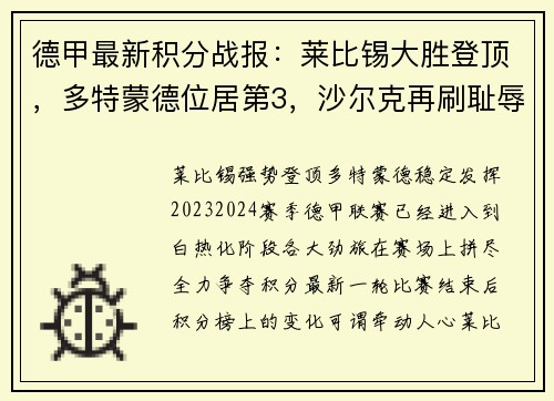 德甲最新积分战报：莱比锡大胜登顶，多特蒙德位居第3，沙尔克再刷耻辱