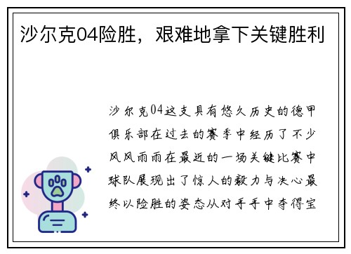 沙尔克04险胜，艰难地拿下关键胜利