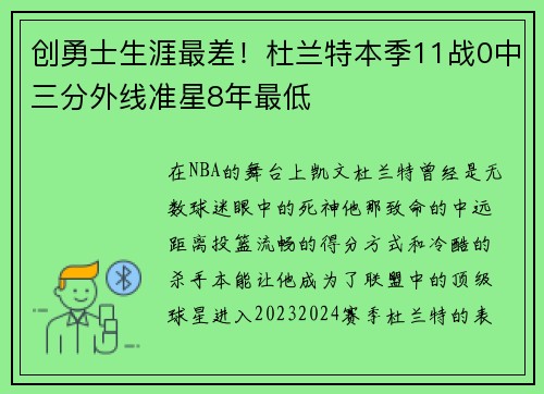 创勇士生涯最差！杜兰特本季11战0中三分外线准星8年最低