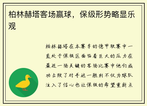 柏林赫塔客场赢球，保级形势略显乐观