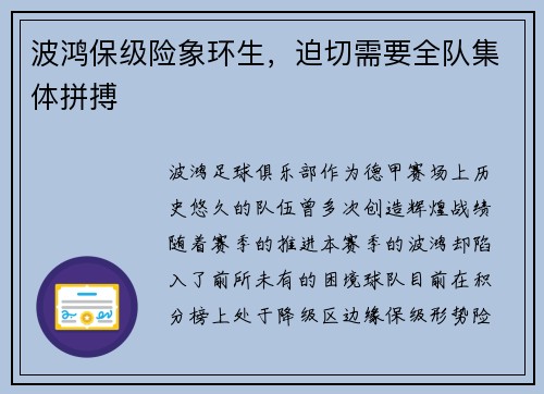 波鸿保级险象环生，迫切需要全队集体拼搏