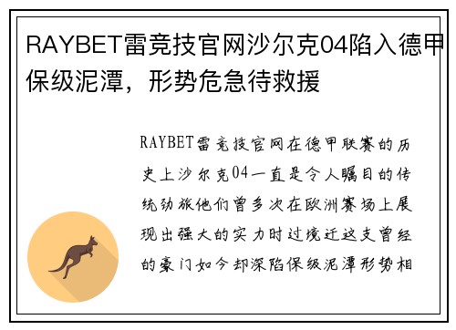 RAYBET雷竞技官网沙尔克04陷入德甲保级泥潭，形势危急待救援